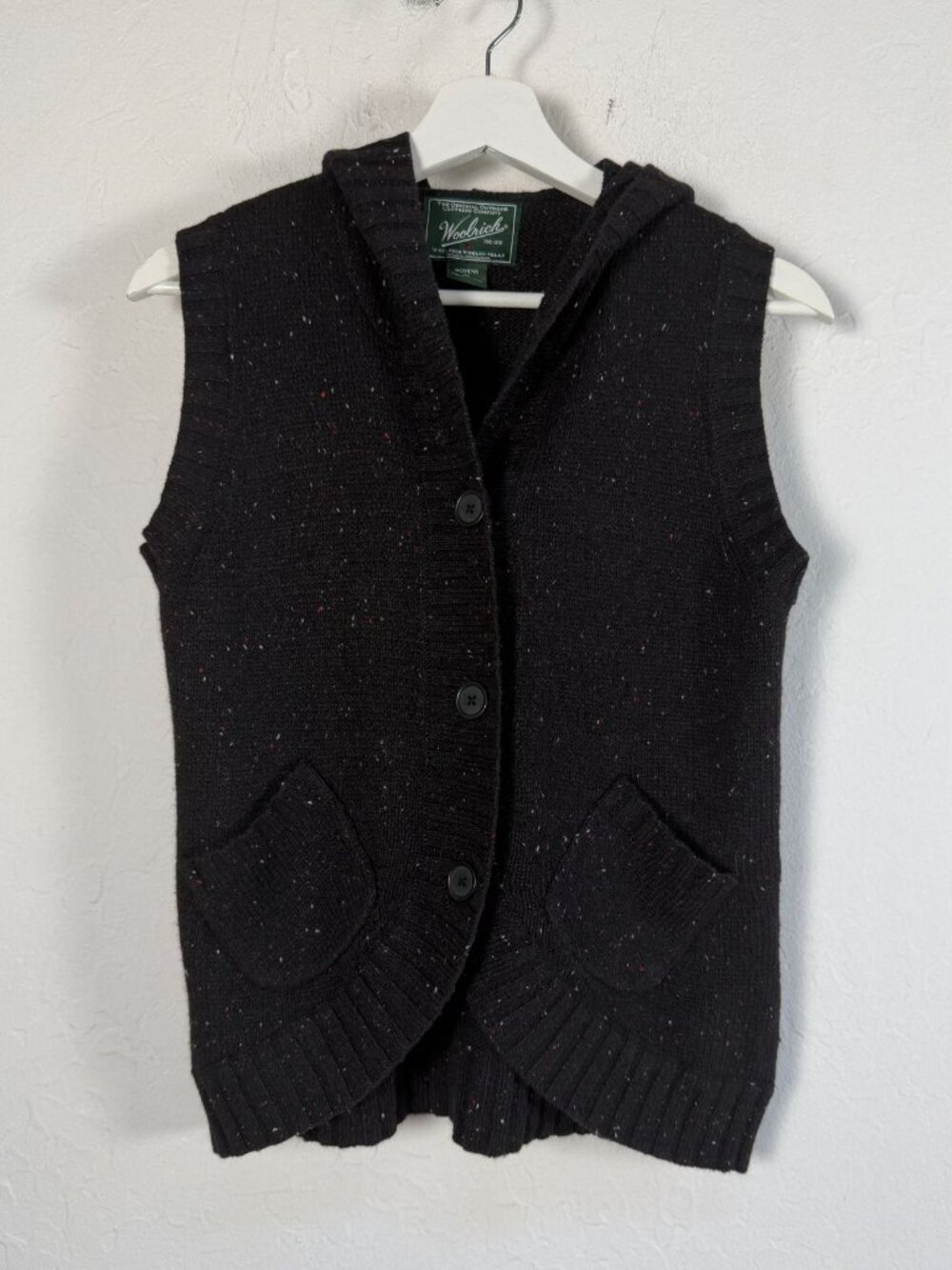 Woolrich Black Speckled Hooded Knit Sweater Vest Women's XS Angora Rabbit Hair